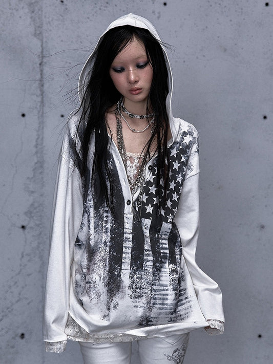 - Loose Lace V-Neck Two-piece Top Star Sleeve Panel Off-white Hooded Long Print