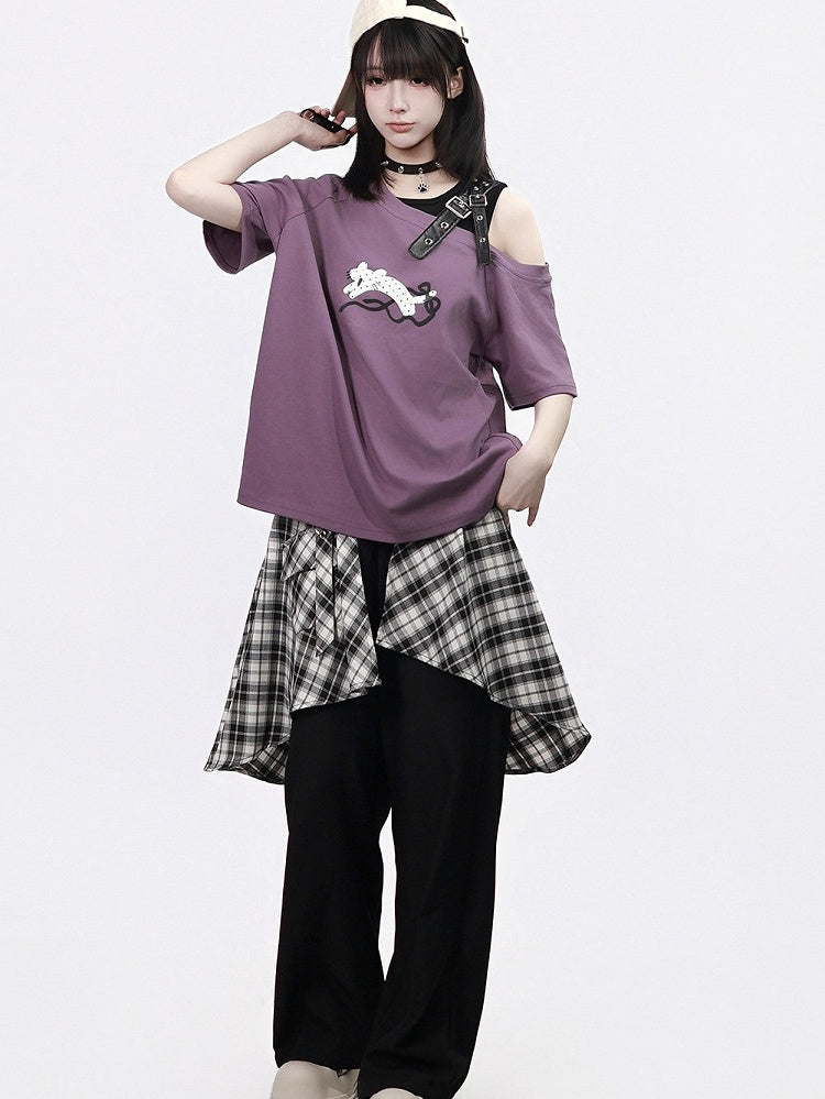 Asymmetrical Plaid Overlay Straight-Leg Pants - PINK SAVIOR