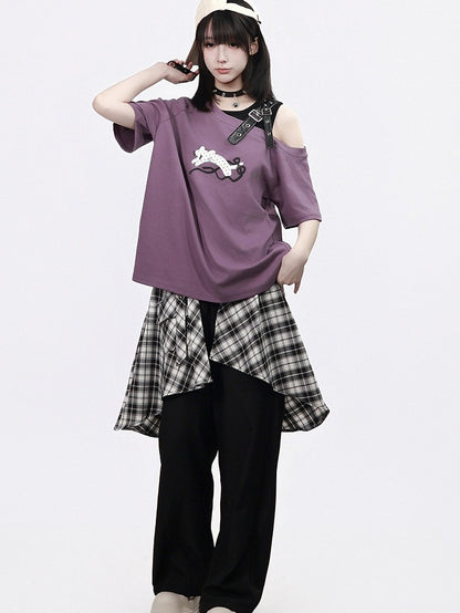 Asymmetrical Plaid Overlay Straight-Leg Pants - PINK SAVIOR