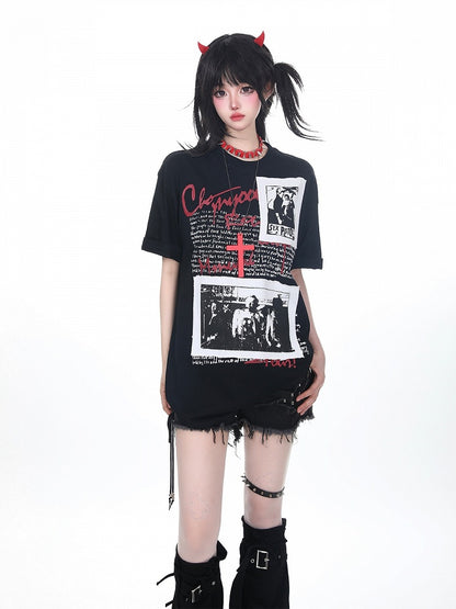 Dark Graphic Print Short-Sleeve Band Tee with Patch - KNOW8 Online Shop