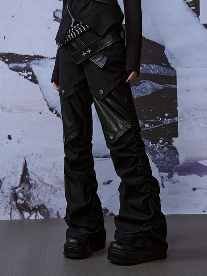 Patches  Belts Black Punk Denim Jeans With Studded PU Knee