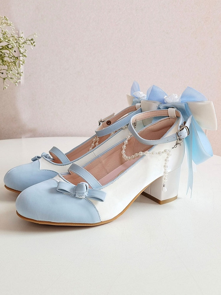 PU Leather Back Mid-heel Beaded Mary Blue White in - Elegant Charm Bow Lolita Detachable Janes at Chain