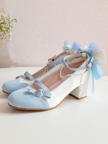 PU Leather Back Mid-heel Beaded Mary Blue White in - Elegant Charm Bow Lolita Detachable Janes at Chain