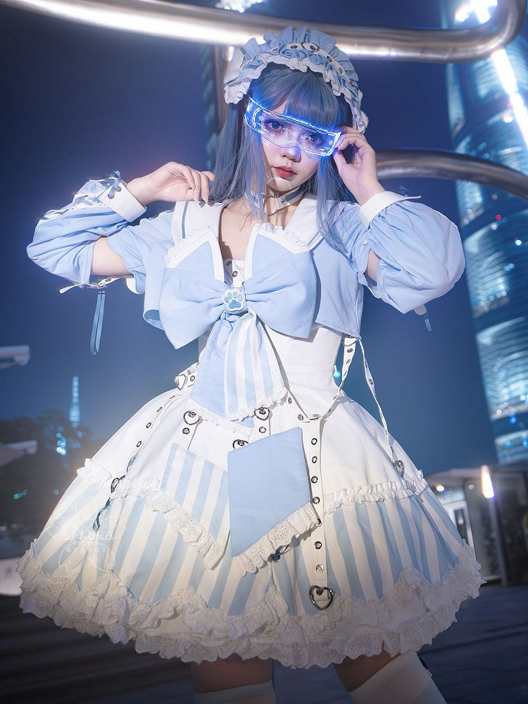 Kitty Light Bow Kaiwai Set Blaues JSK-Kleid Kurz geschnittenes Tenshi Lolita Sailor Striped Big Top Muster Ohren + - Kragen