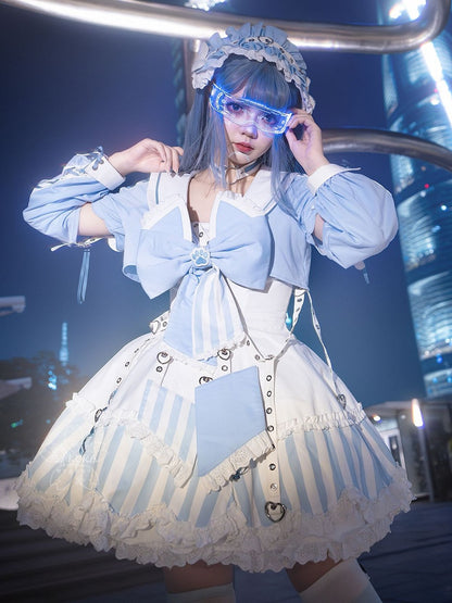 Kitty Light Bow Kaiwai Set Blaues JSK-Kleid Kurz geschnittenes Tenshi Lolita Sailor Striped Big Top Muster Ohren + - Kragen