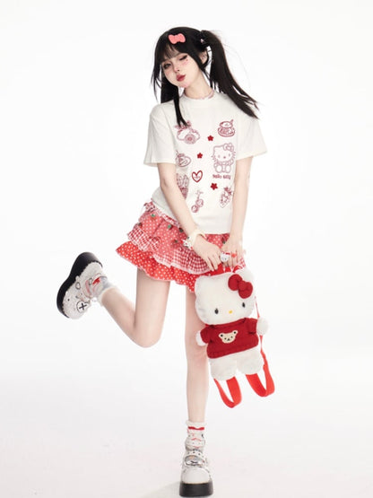 スカート スイート ポルカドット ティアード ストロベリーレッド チェック柄