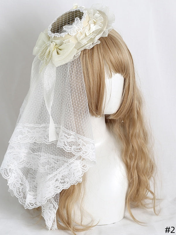 Bowknot Lolita Veil Beige Mini + Beautiful Hat Lace Hollow-out