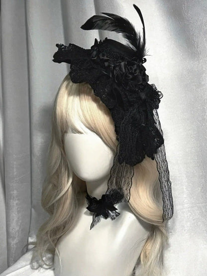 Gothic Lace Mini Hat with Feather Decor - Custom Made Earrings