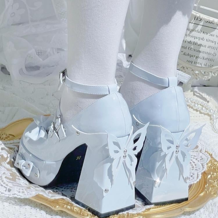 Light Blue Bow Stud Butterfly Platform High Block Heels Lolita Shoes