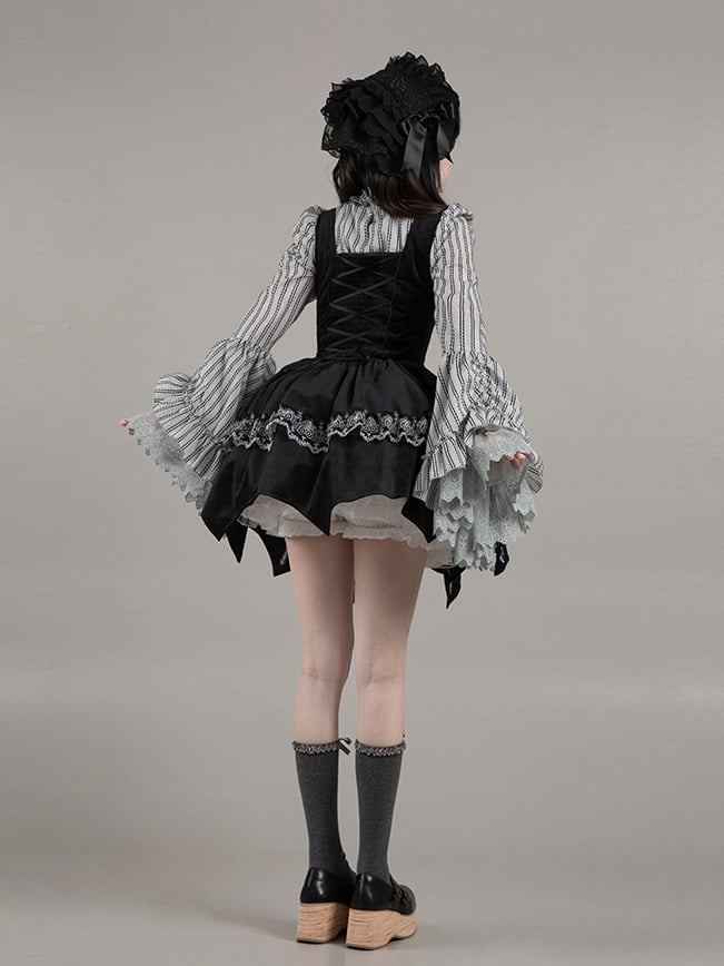 Embroidery Under Boned Lolita Black Waist Gothic Curved Dress Candelabra Bust Hem with