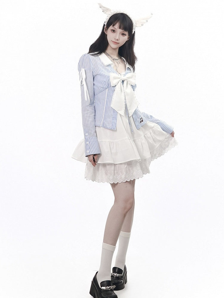 Sky Blue Embroidered Stripe Blouse with Lace Collar and Music Motif - PINK SAVIOR