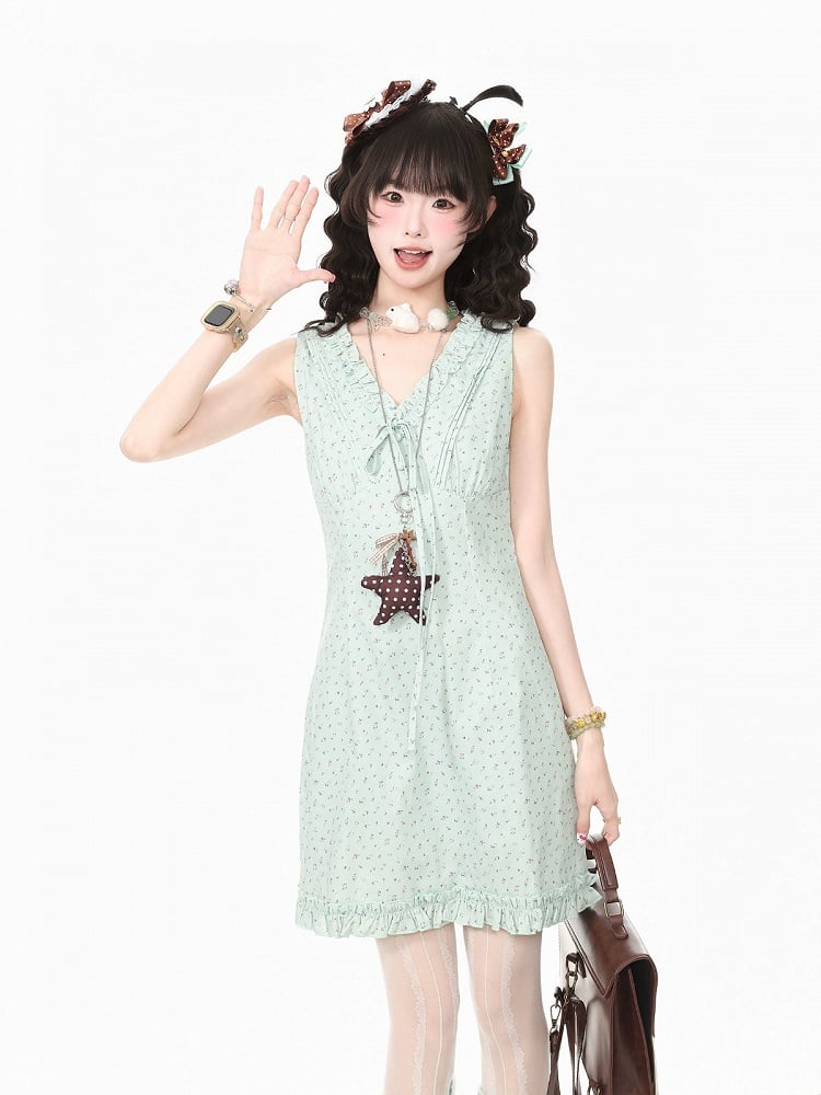 Green V-Neck Floral Print Sleeveless Dress - Languid Park