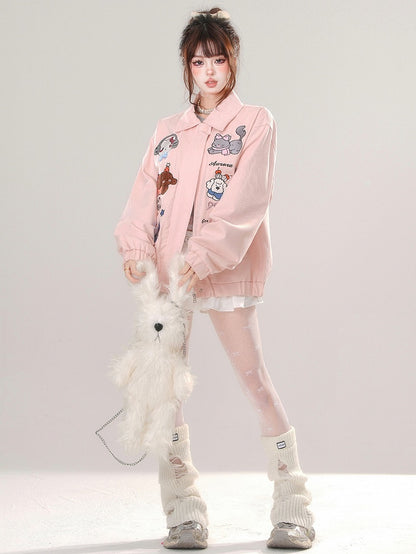 Pink/Apricot Cute Animal Zip Placket Baseball Jacket
