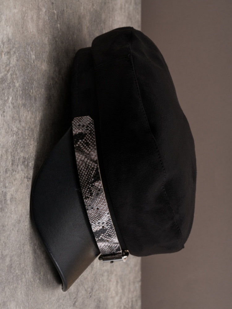Buckle Gothic Pattern Design Black Snakeskin Beret Hat