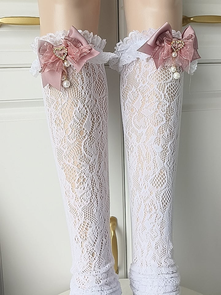 Decoration Hollow-Out with Lace 3 Jirai Calf Trim Bow Design Socks Colors Kei