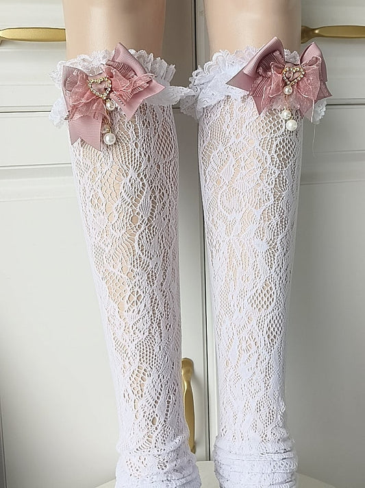 Decoration Hollow-Out with Lace 3 Jirai Calf Trim Bow Design Socks Colors Kei