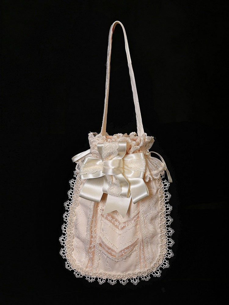 Beige Retro Lace Edged Lolita Handbag with Drawstring Closure - Twin Bear Original Design