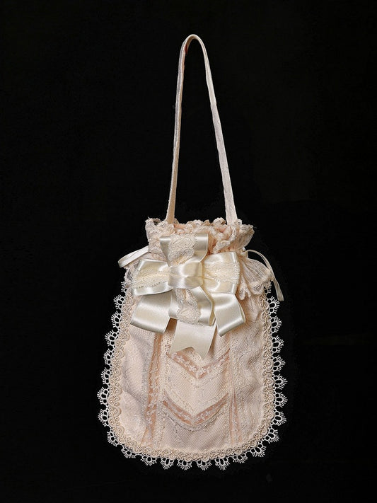 Beige Retro Lace Edged Lolita Handbag with Drawstring Closure - Twin Bear Original Design