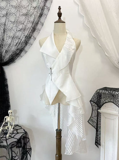 Detachable with Asymmetrical Train White Lolita Ouji Waistcoat Gothic Design