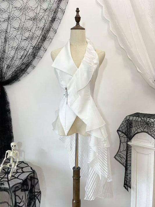 Detachable with Asymmetrical Train White Lolita Ouji Waistcoat Gothic Design