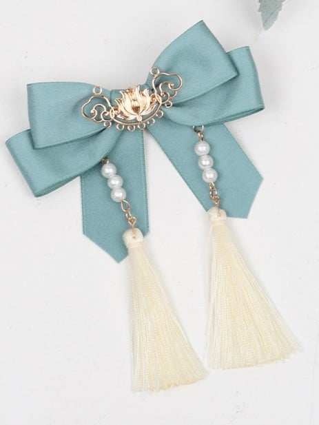 Blue Hairclip Dusty Lolita Tassel Green/Dusty Pearl Bowknot