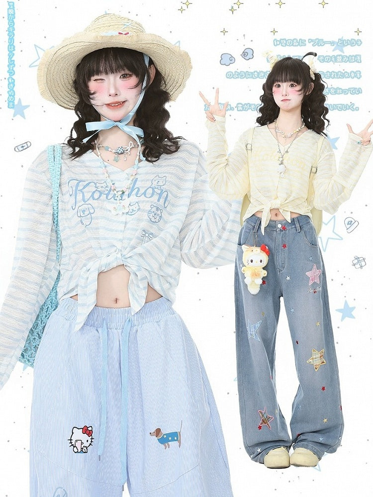 Blue Striped V-Neck Long-Sleeve Top with Animal Print - Languid Park