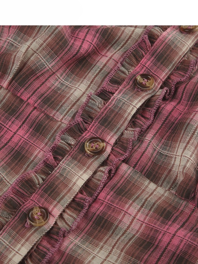 チェック柄袖フリルトリム柄シャツ Vネック Y2K ショートパンツ レッドブラウン