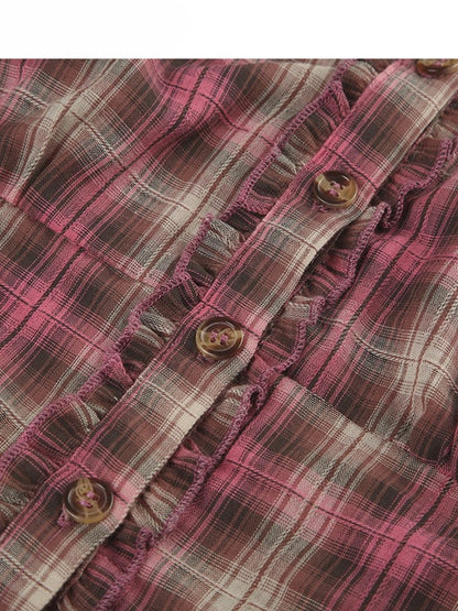 チェック柄袖フリルトリム柄シャツ Vネック Y2K ショートパンツ レッドブラウン