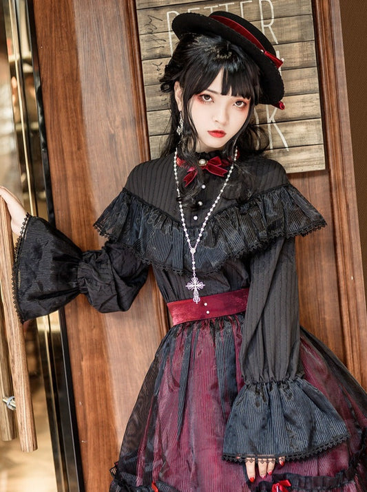 Red Collar Elegant Dark Gothic Shirt Retro Lolita Stand