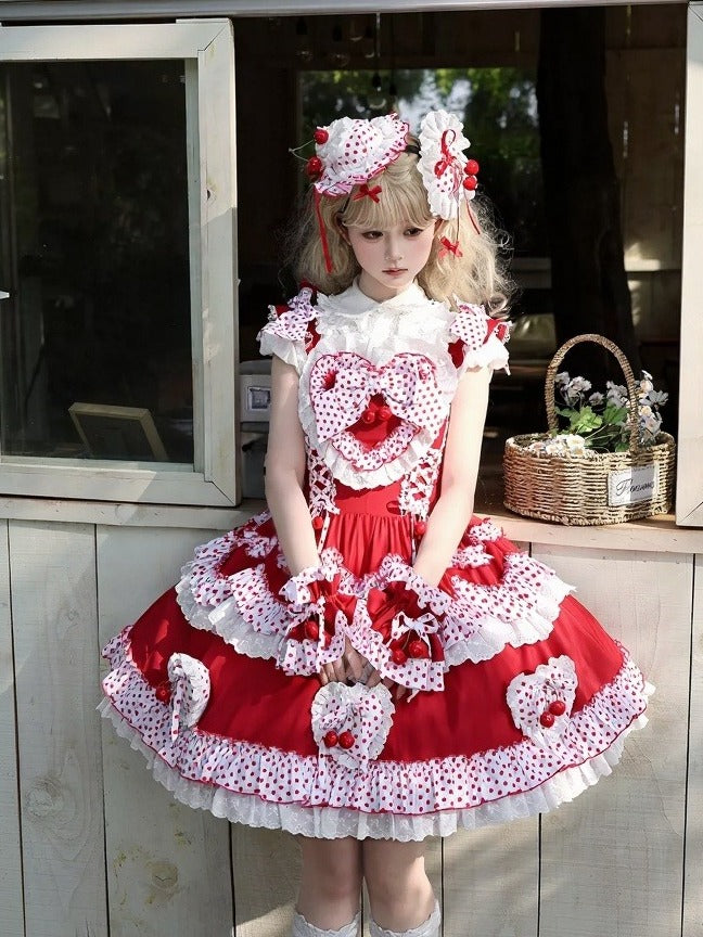 Crimson Cherry Polka-Dot Lace JSK with White Trim - Rosede Cheese