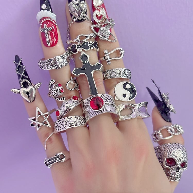 Y2K Silver Rings Set Glamorous 16