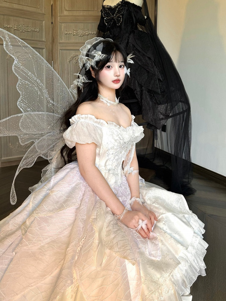 White Butterfly Motif Puff Sleeve Lolita Top and Asymmetrical Hem Skirt Set - Sweet Wood Lolita