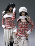 Red and White Stripes Letter Top with Detachable Plush Collar