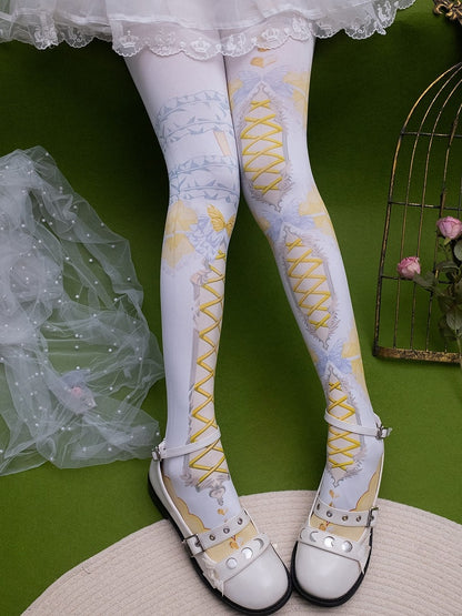 バタフライプリントのクリスクロスバンドタイツとアシンメトリーのピンク/ブルー/ブラック/イエロー/レッド