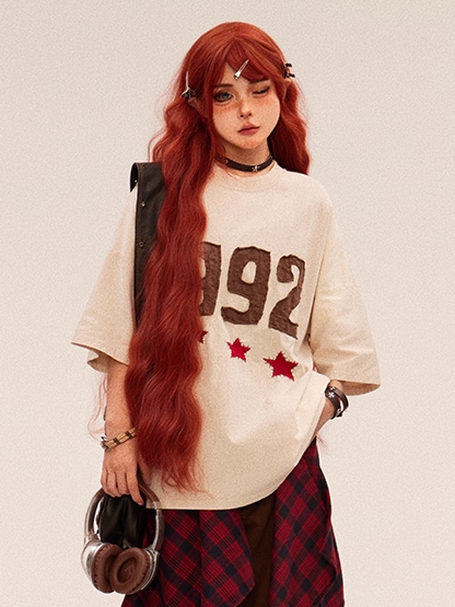 Star Embroidery Vintage Faded Wash Number Beige/Red and T-shirt