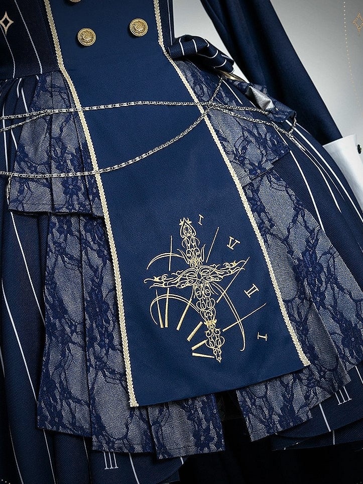 Embroidery+Waist Cross Lolita Watch Dress Full Collar Blue White Nun Chain+Pocket Chain+Detachable Striped Belt+Waist Set with Dark