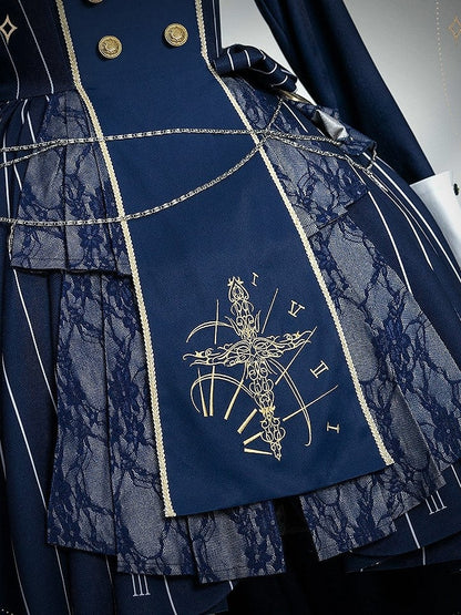 Embroidery+Waist Cross Lolita Watch Dress Full Collar Blue White Nun Chain+Pocket Chain+Detachable Striped Belt+Waist Set with Dark