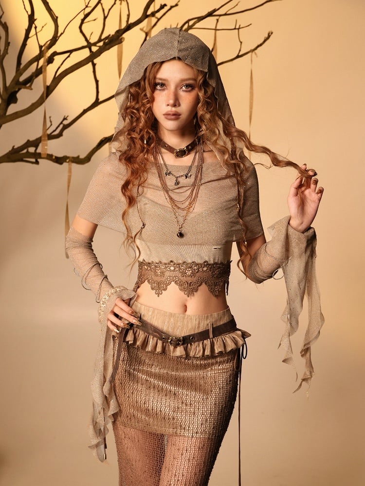 Brown Glitter Sheer Mesh Hood - Virtual Orbit