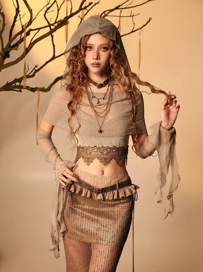 Brown Glitter Sheer Mesh Hood - Virtual Orbit