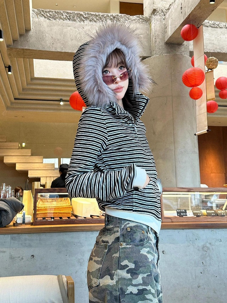 Hood White Fur Hoodie Plush Black with Striped