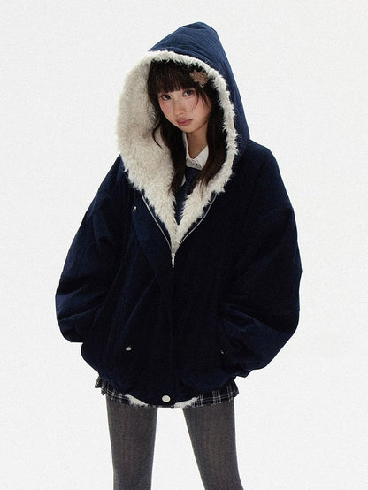 - Front Jacket Interior Hooded Dark Fleece Zipper Blue Cozy