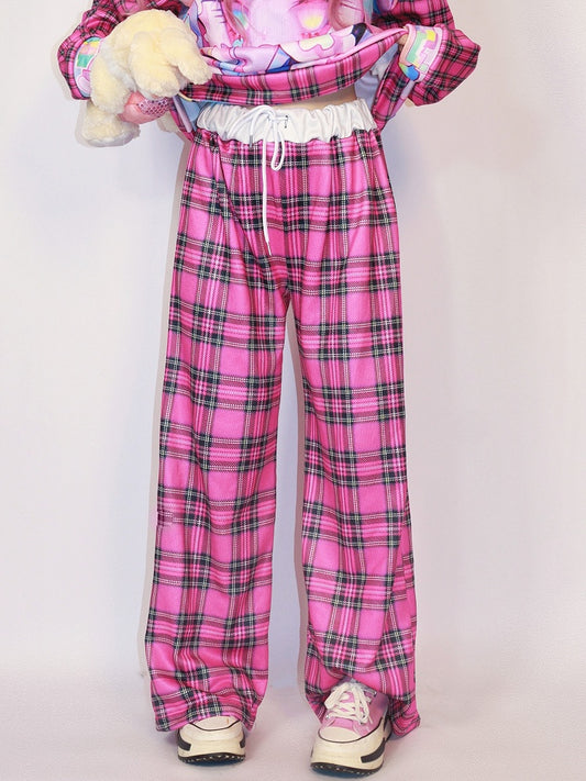 Version Muster Rose Plaid Weite Beinhose Gyaru Rot Mode Verdicken Schnitt