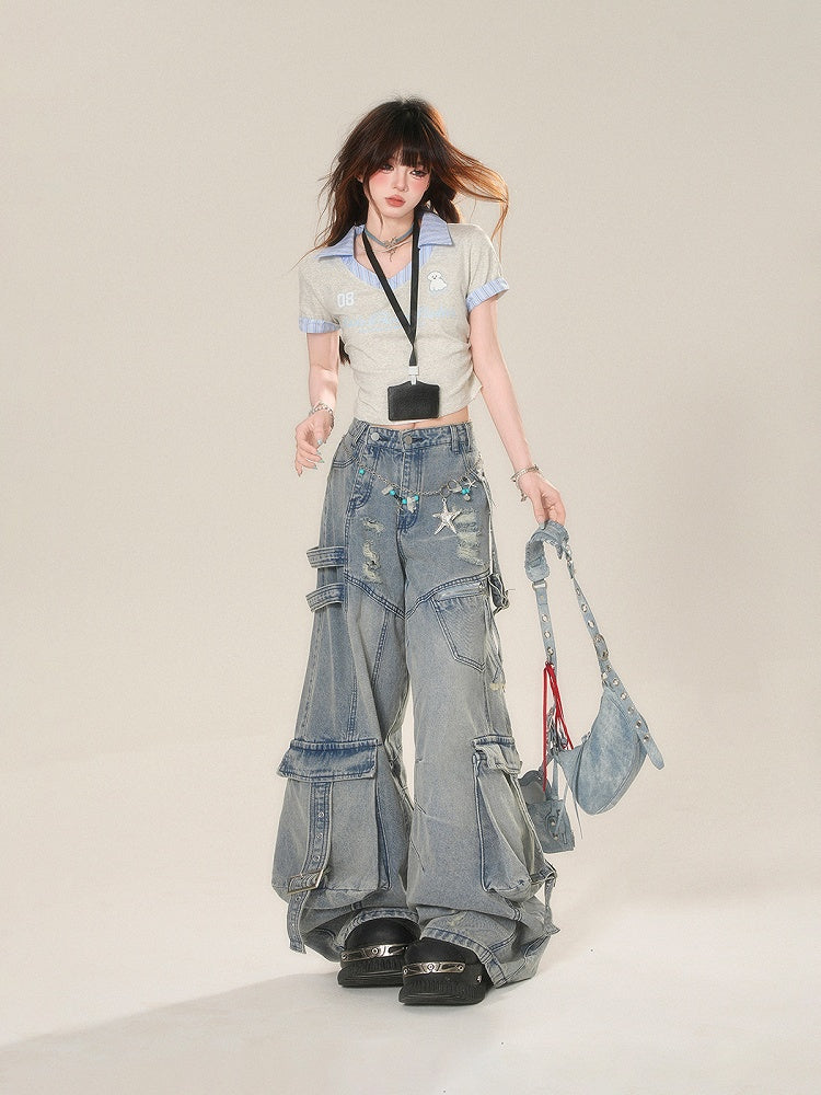 Glamorous Two-pieces Tag Style Faux Cropped T-Shirt with Name Grey Preppy Free Badge