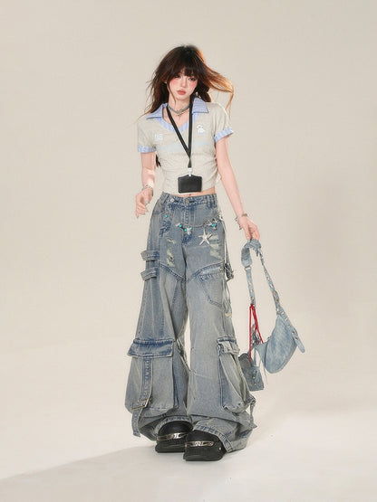 Glamorous Two-pieces Tag Style Faux Cropped T-Shirt with Name Grey Preppy Free Badge