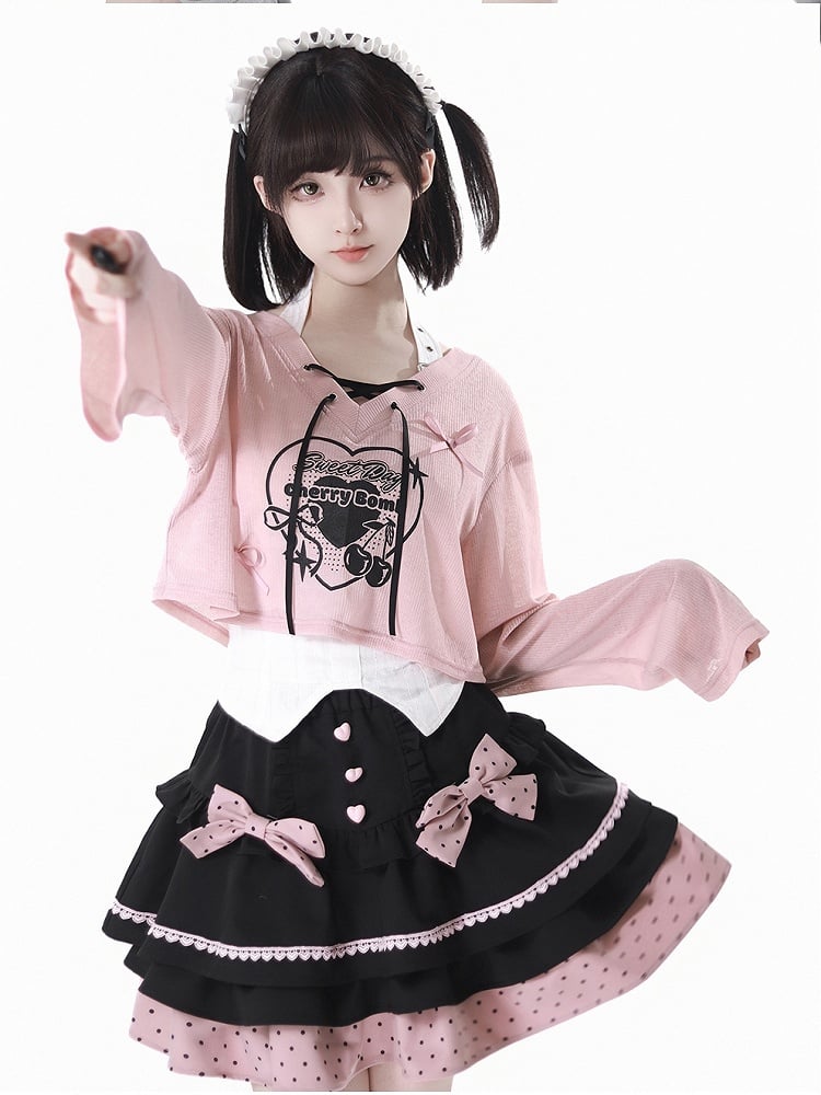 Tiered Skirt with Detachable Bows Black and Pink Polka-dot Pattern