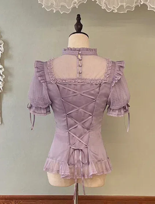 フリルネックライン袖付きシャツ パープル ショート丈 取り外し可能