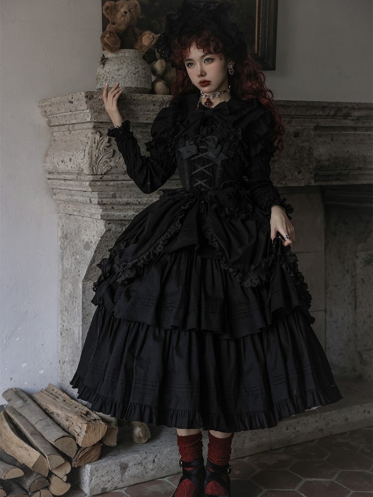 Heart-shaped Lolita Version Bowknots Black Dress and with Long JSK Ruffled Gothic Decoration