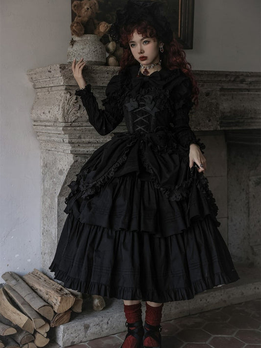 Heart-shaped Lolita Version Bowknots Black Dress and with Long JSK Ruffled Gothic Decoration