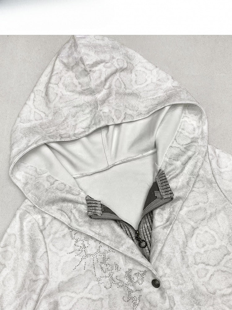 Jacket Gray Two-piece Rhinestone Pattern Striped Embellishments Hoodie with