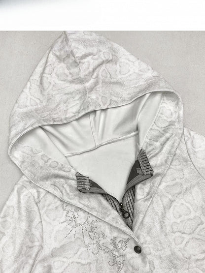 Jacket Gray Two-piece Rhinestone Pattern Striped Embellishments Hoodie with